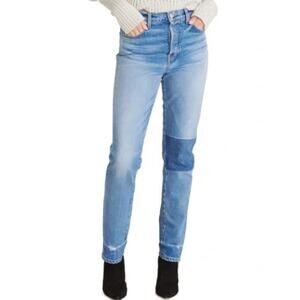 Veronica Beard Jeans Ryleigh Slim Straight High Rise Patched Blue Denim 25/0